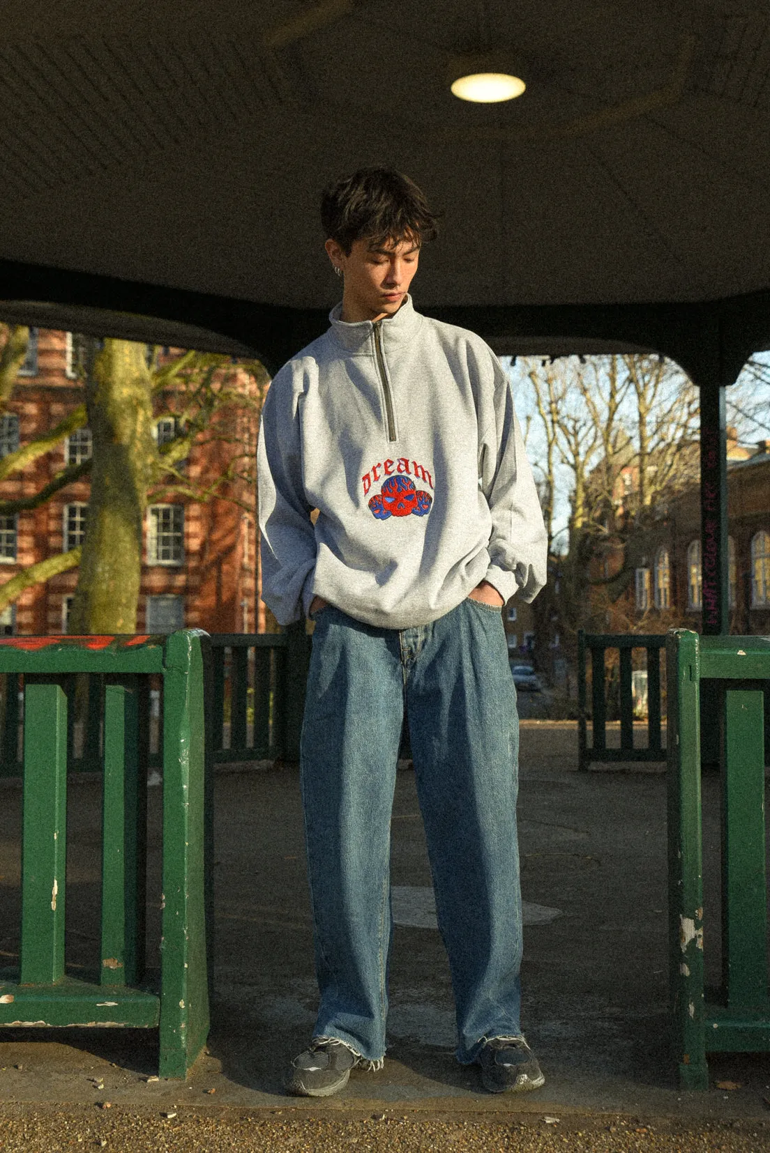 1/4 Zip Sweatshirt in Heather Grey Flaming Skull Embroidery