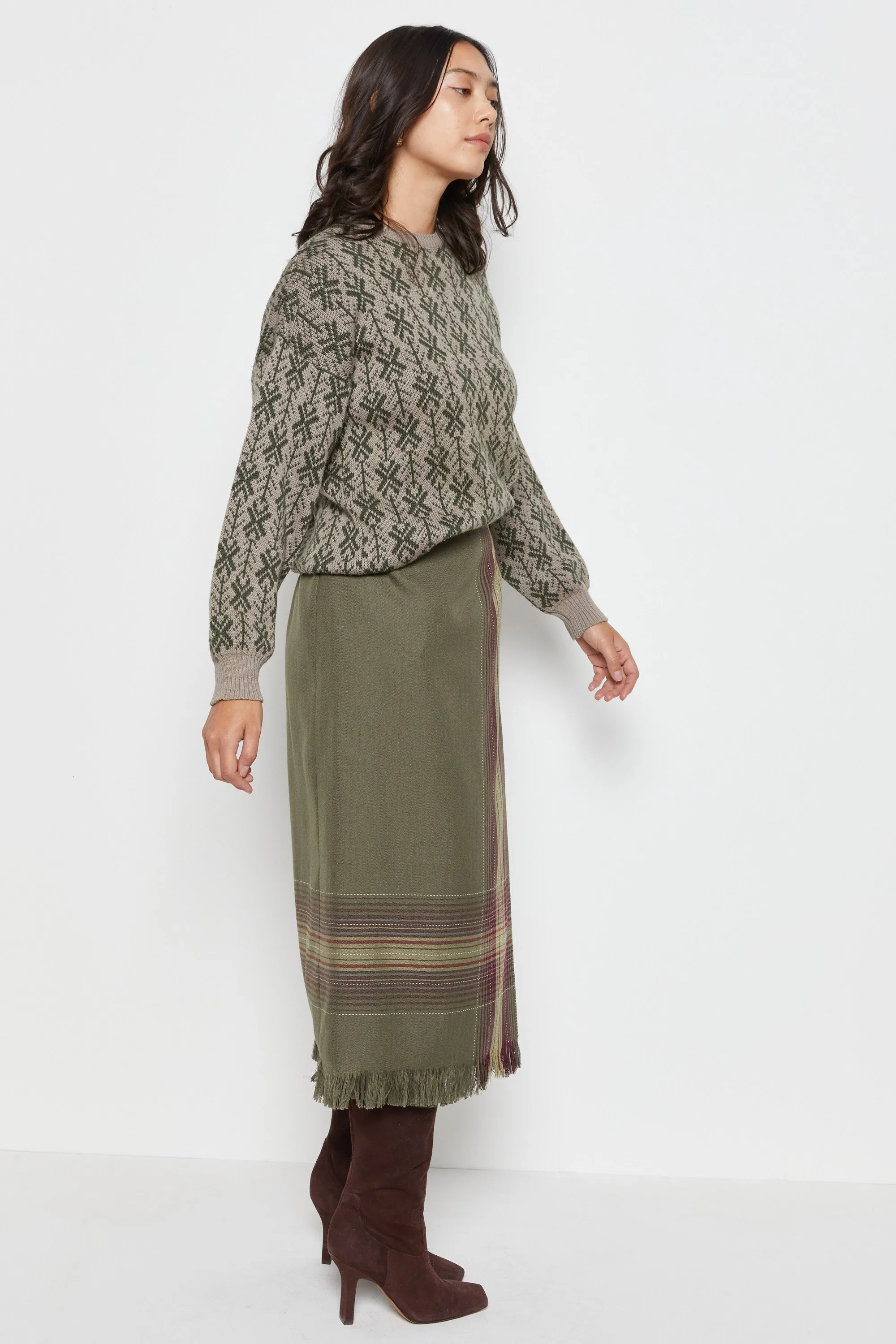 80s Olive Graphic Snowflake Crew Sweater L