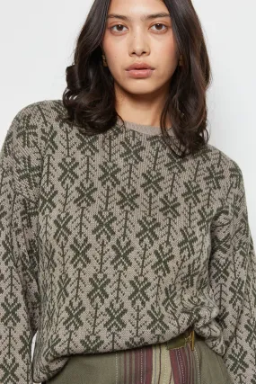 80s Olive Graphic Snowflake Crew Sweater L