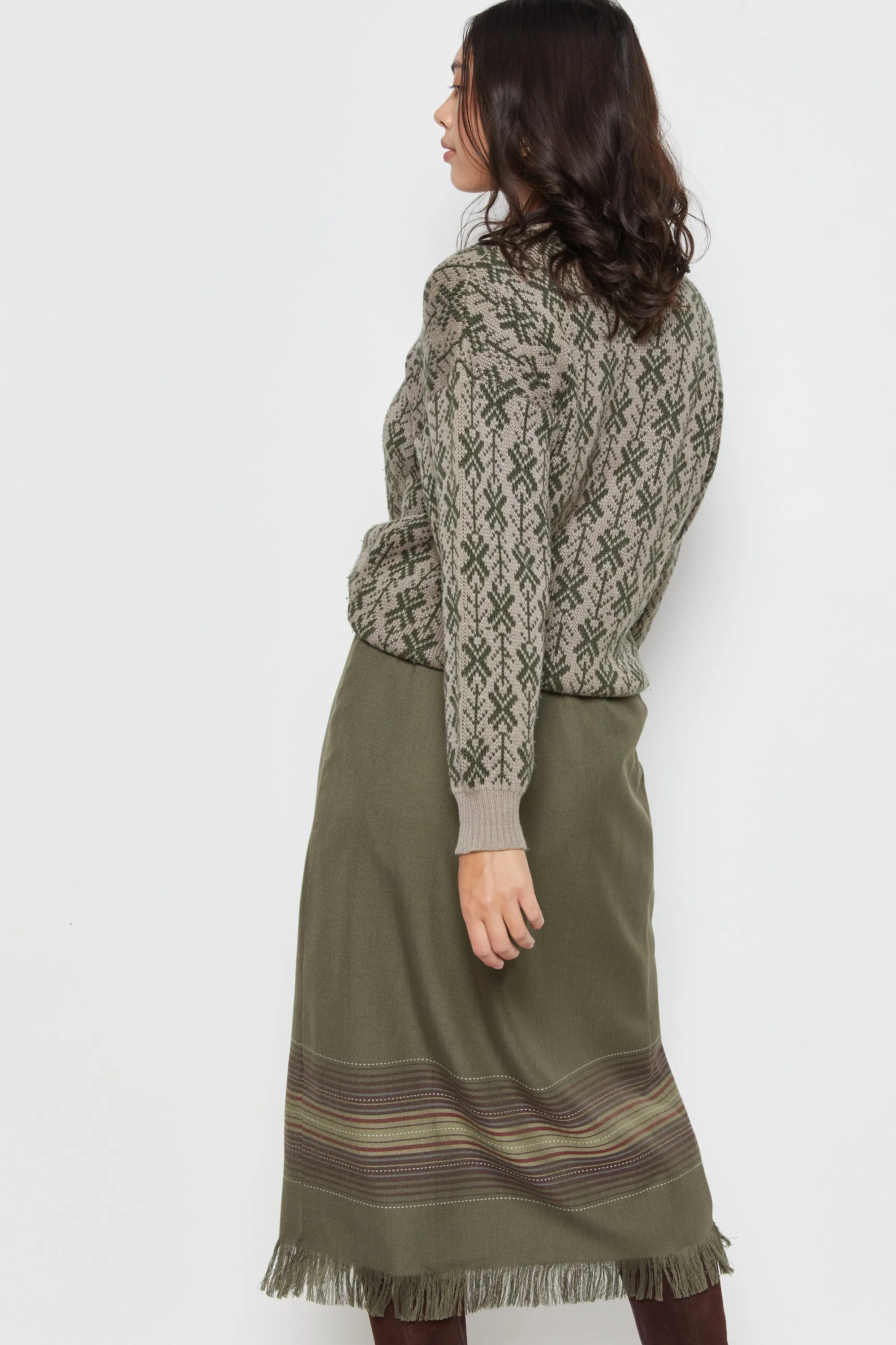 80s Olive Graphic Snowflake Crew Sweater L