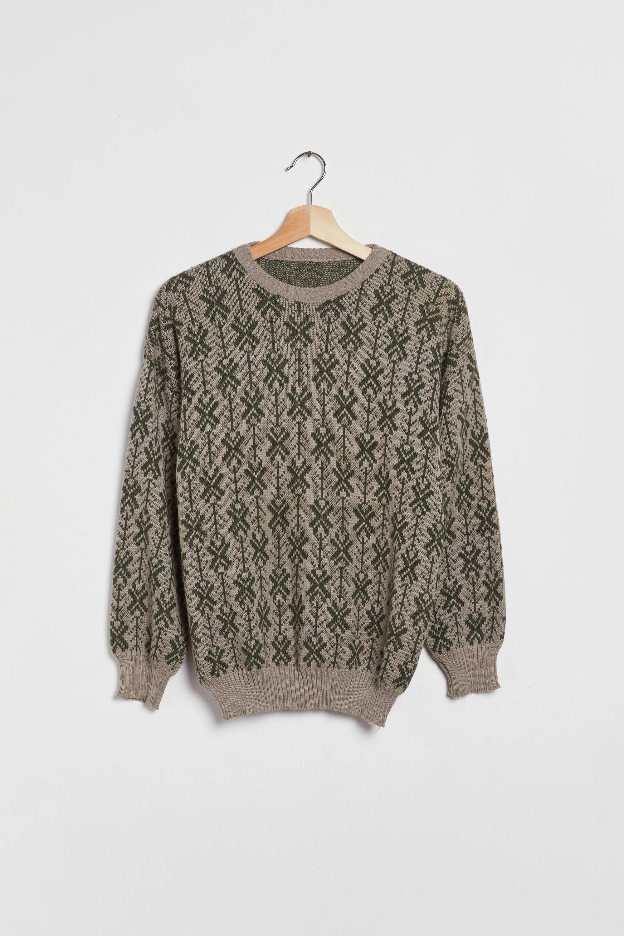 80s Olive Graphic Snowflake Crew Sweater L