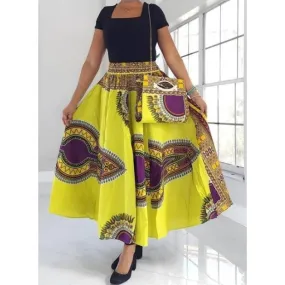 African Print Maxi Skirt Ankle Length / Head wrap Scarf / Pocketbook Set - Free size- STRETCH FITS M TO 3XL