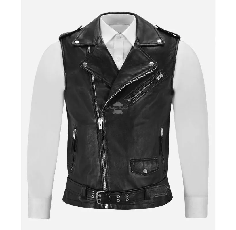 Brando Leather Vest Men's Classic Biker Style Leather Waistcoat