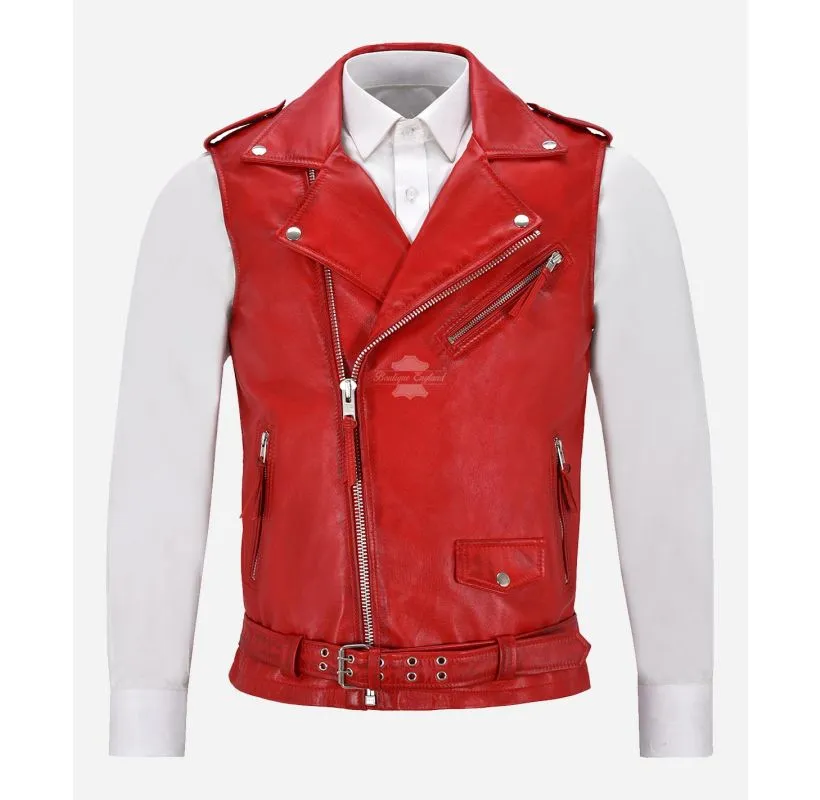 Brando Leather Vest Men's Classic Biker Style Leather Waistcoat