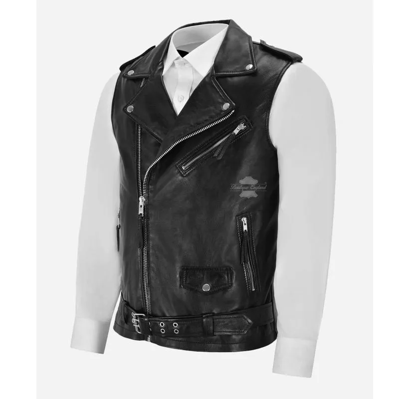 Brando Leather Vest Men's Classic Biker Style Leather Waistcoat