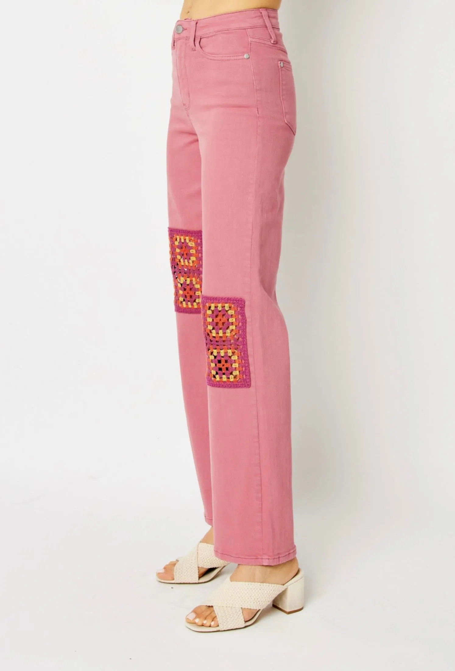 High Waist Crochet Patch Wide Leg Jeans
