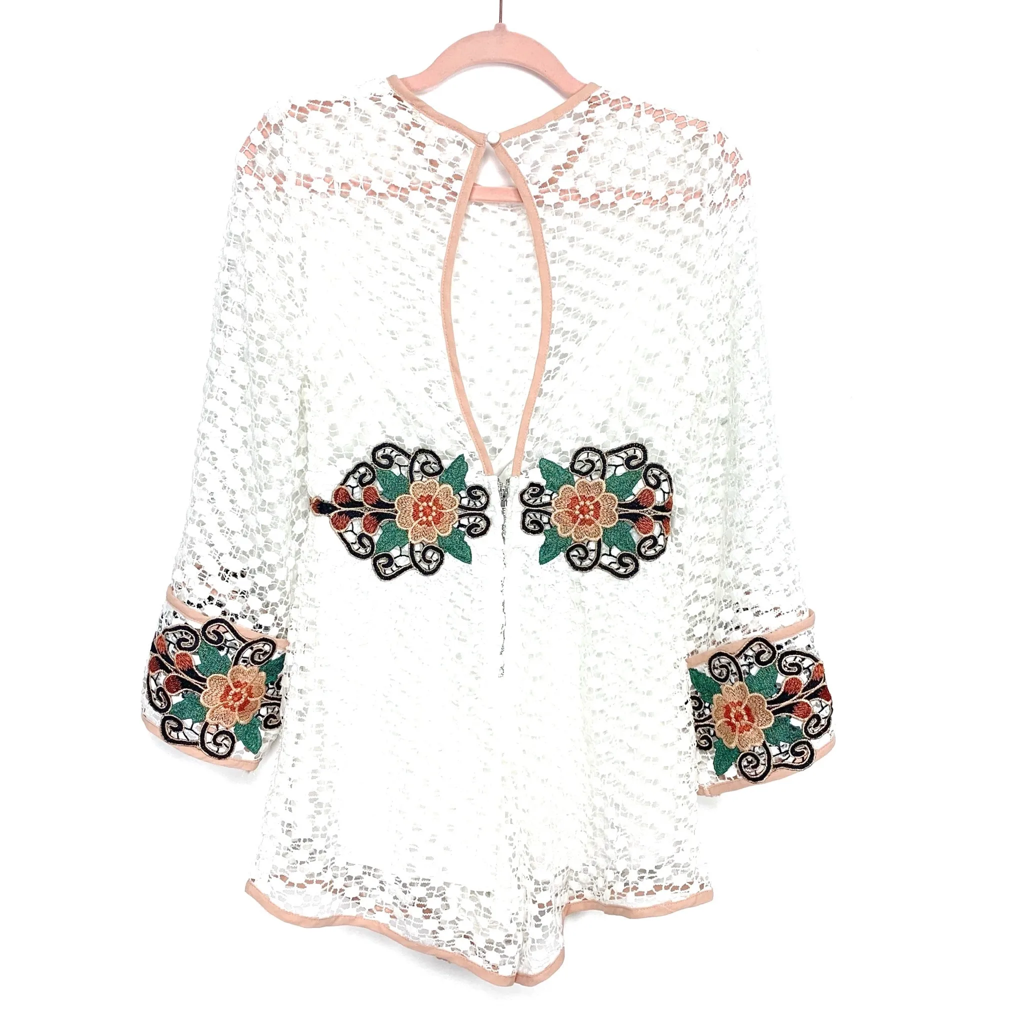 Luxxel White Crochet and Embroidered Bell Sleeve Romper- Size M