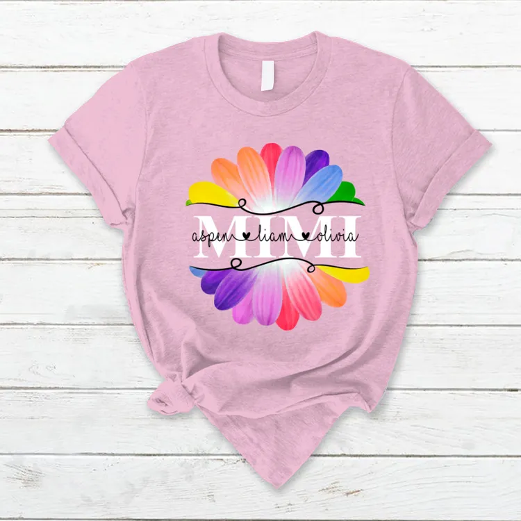 Mimi And Grandkids Flower Rainbow T-Shirt, Personalized Mimi Mom Grandma Mother's Day