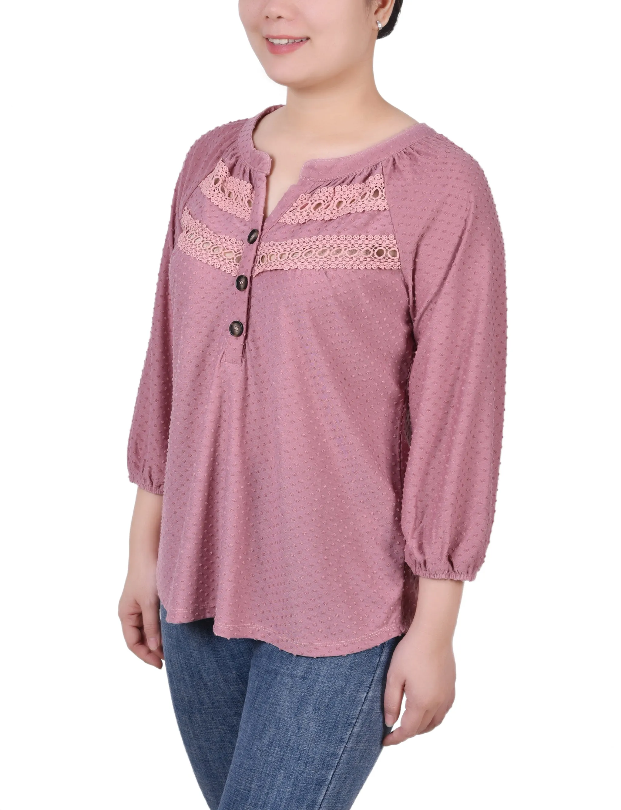 Petite 3/4 Sleeve Swiss Dot Top