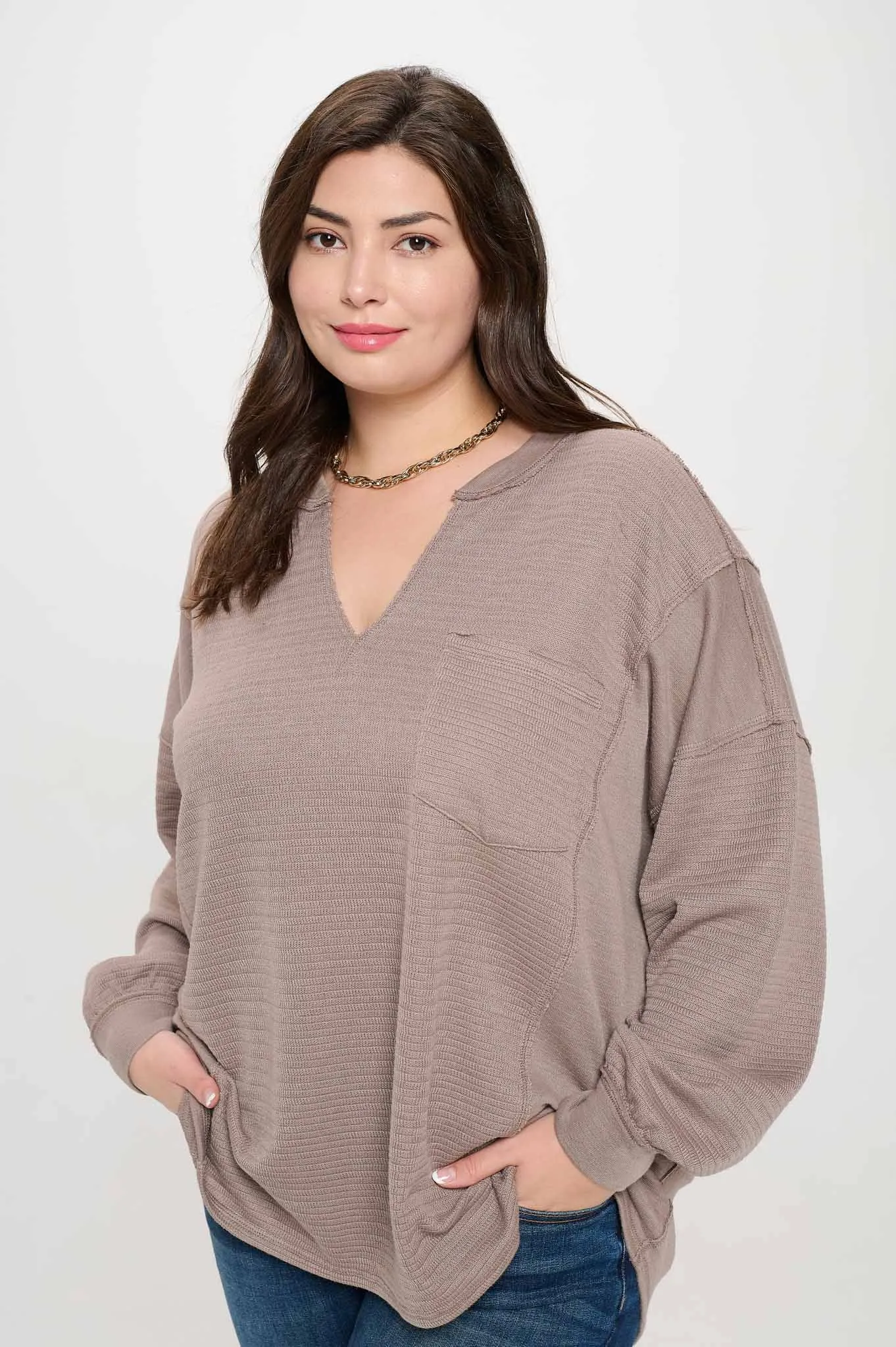 PLUS SOLID PATCHWORK SPLIT NECK KNIT TOP