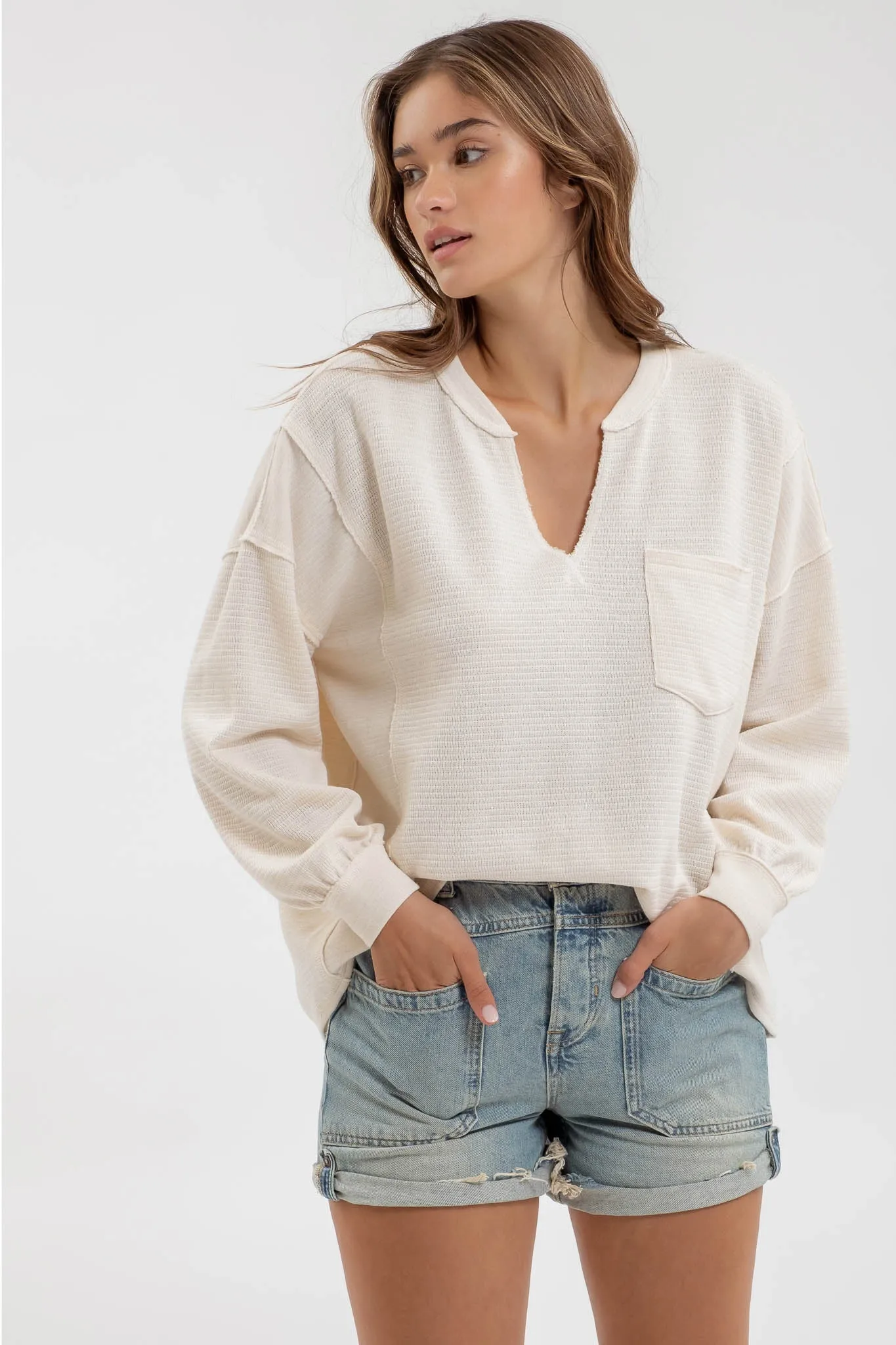 PLUS SOLID PATCHWORK SPLIT NECK KNIT TOP