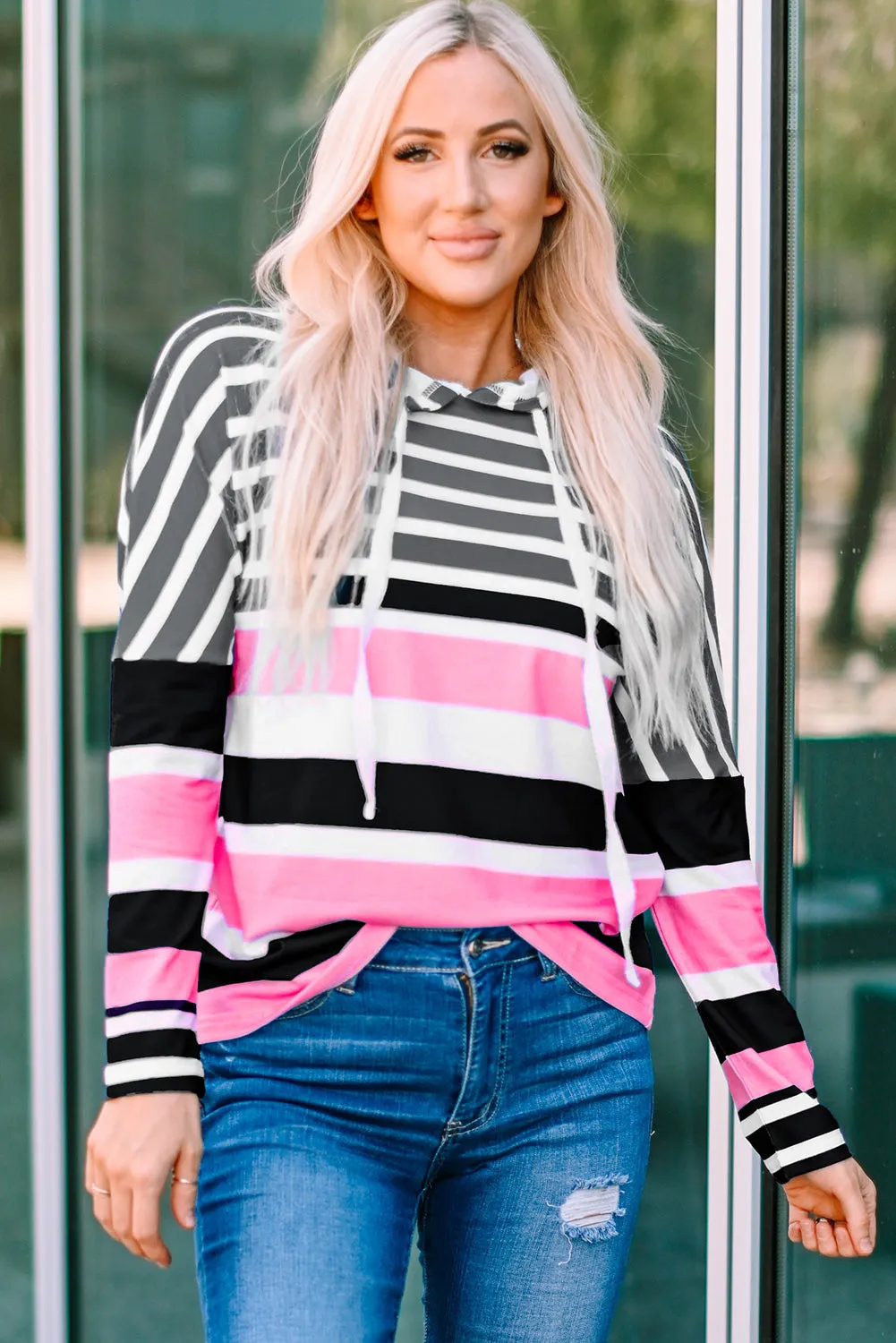 Striped Drawstring Detail Long Sleeve Hoodie