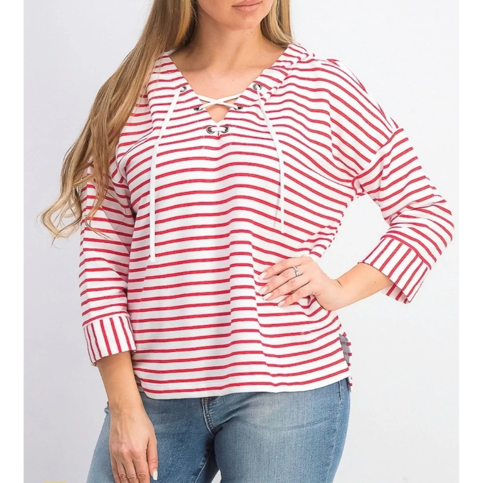 Style & Co French Terry Striped Lace Up Hoodie Top