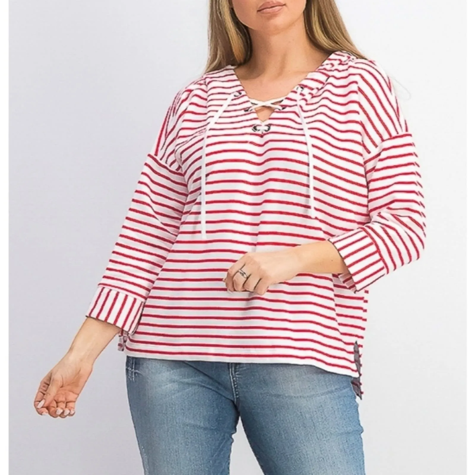 Style & Co French Terry Striped Lace Up Hoodie Top