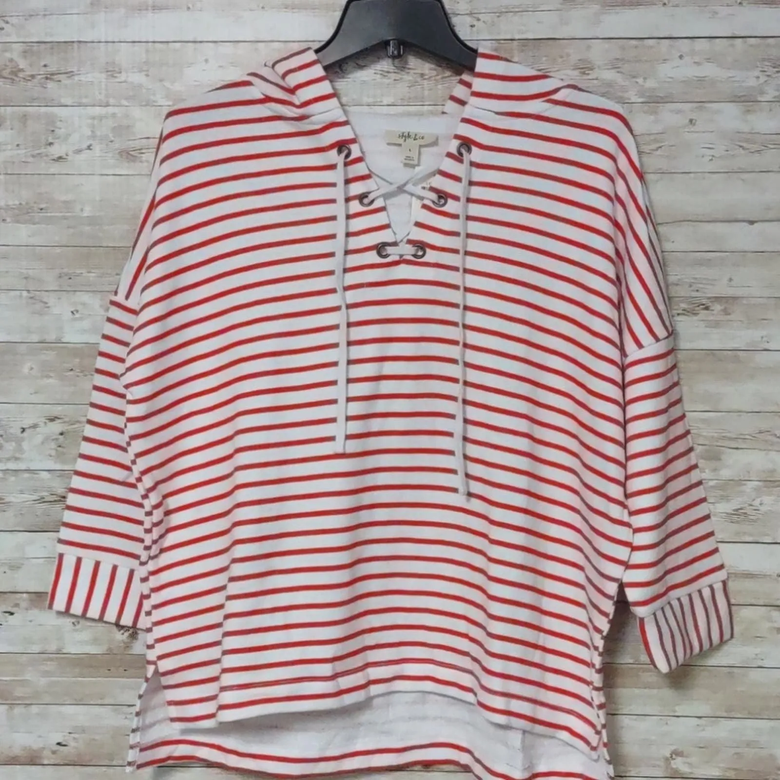 Style & Co French Terry Striped Lace Up Hoodie Top