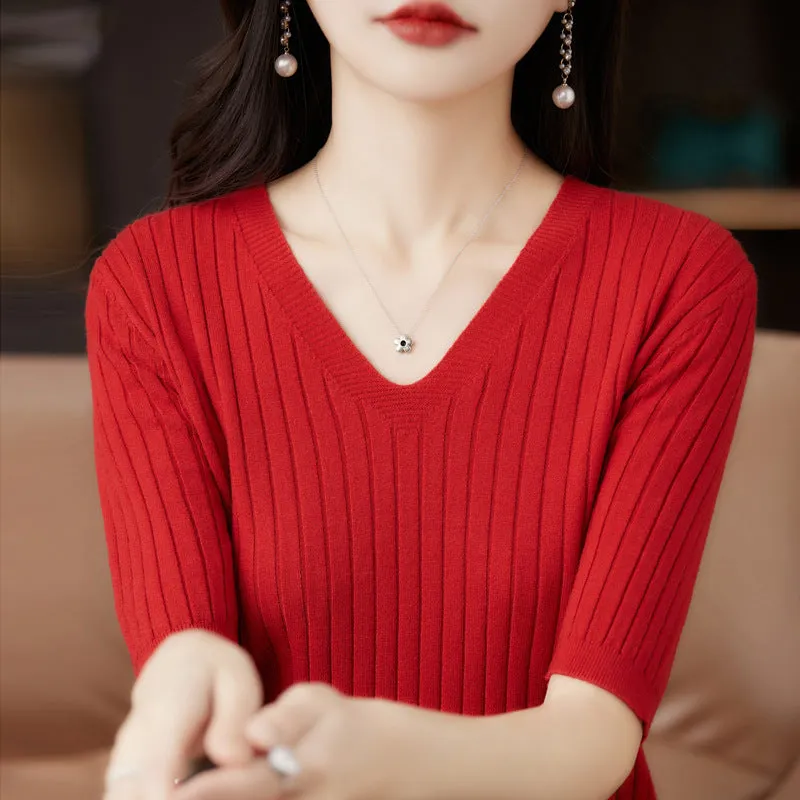 Women's Short Sleeve V-neck Knit Casual Sweater