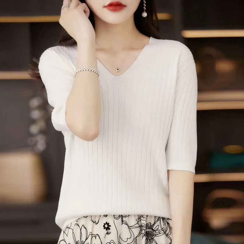 Women's Short Sleeve V-neck Knit Casual Sweater