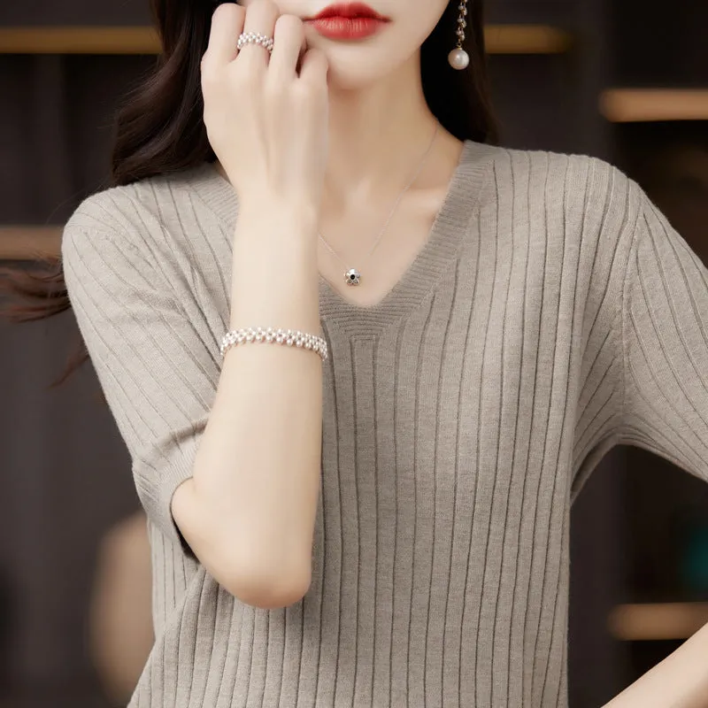 Women's Short Sleeve V-neck Knit Casual Sweater